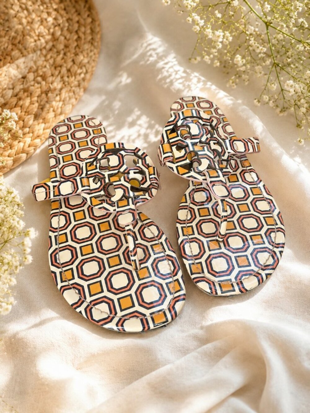 Tory Burch Miller Printed Patent Leather Sandals Ballet Pink Octagon Square Sz 9